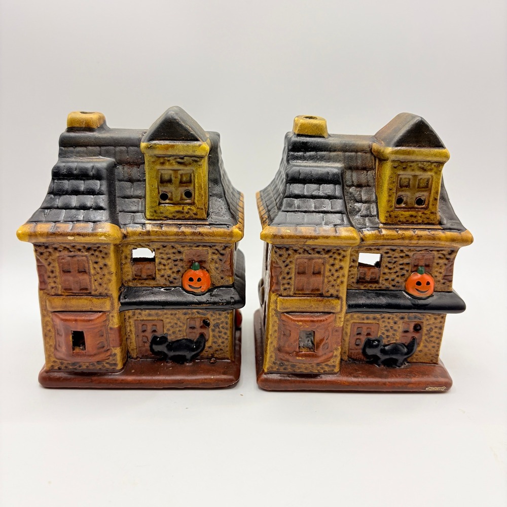 JSNY Vintage Halloween Haunted House Ceramic Candle Holder Lot of 2 Spooky Decor